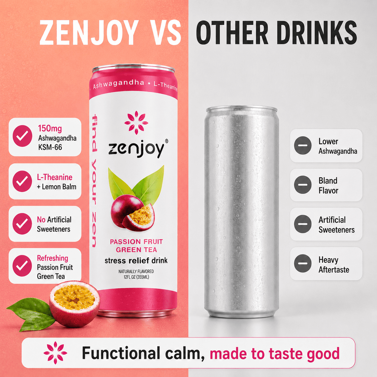 Zenjoy Stress Reief Drink, Calming Green Tea, Non Alcoholic, Ashwagandha & Lemon Balm for Stress Relief, L - Theanine for Focus (12 Pack) (Passion Fruit))