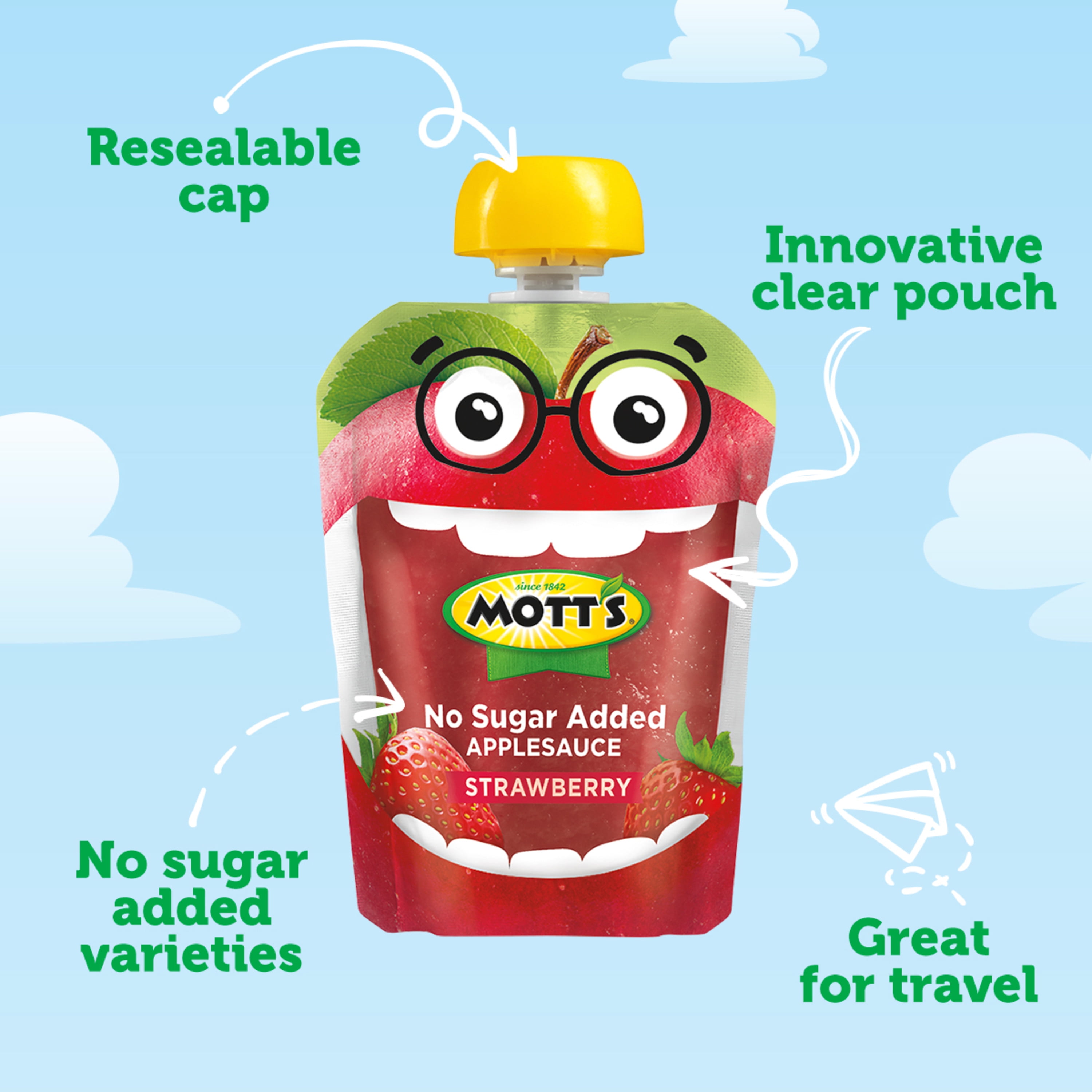 Mott's No Sugar Added Strawberry Applesauce, 3.2 oz, 24 Count Clear Pouches (6 Packs of 4)
