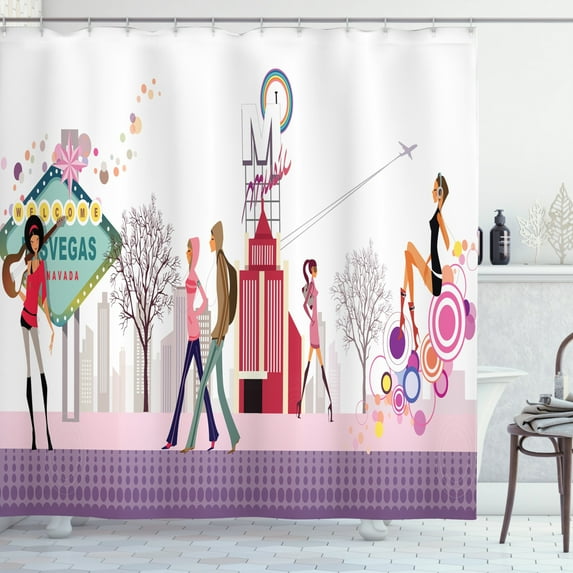 Las Vegas Shower Curtain, Modern Cartoon Teenagers Walking on the Street in Nevada United States Airplane, Fabric Bathroom Set with Hooks, 69W X 84L Inches Extra Long, Multicolor, by Ambesonne
