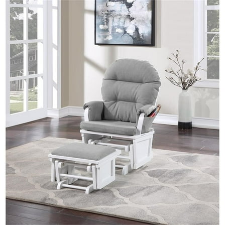 Pemberly Row Contemporary Glider and Ottoman White Wood Oyster Fabric