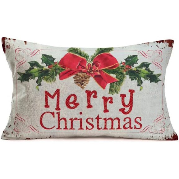 Lumbar Pillow Covers Vintage Merry Christmas Decorative Pillow Cover 12x20 Inch Lumbar Mistletoe Blessing Rectangle Pillows Decor Home Pillow Cases Cotton Linen for Xmas Sofa Couch (S08)