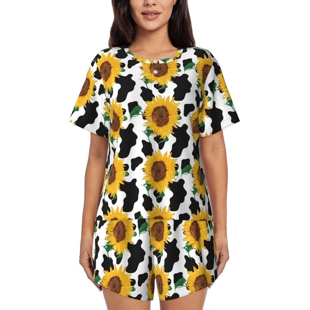 Fotbe Cute Cow Print Sunflower B Conjunto de Pijama Estampado para Mujer, 2 Piezas, Ropa de Dormir con Camiseta de Manga Corta y Shorts Suaves-XX-Large