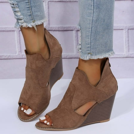 

Women s Fashion Peep Toe Booties Back Zipper Fish Mouth 8CM Wedges Shoes Dress Sandals