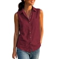 thumbnail image 5 of Women's Sleeveless Button Down Collared V Neck Blouse With Chest Pocket Solid Color Tank Top Casual Summer Work Office Outfits | CSEONE,Wine L, 5 of 9