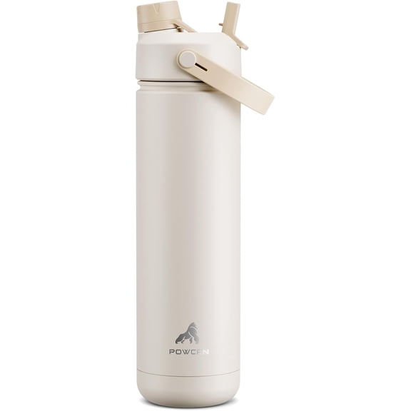 POWCAN 26 oz Insulated Water Bottle with 2-in-1 Straw and Spout Lid, Keep Cold 24H, Leak-Proof, Fits in Car Cup Holder, Stainless Steel Water Bottle for Sports, Gym, Travel, and School (Mousse)