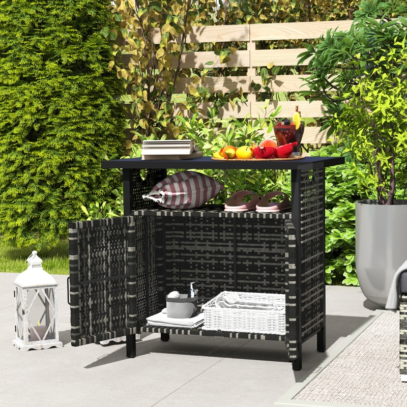 HOQBN Outdoor Pool Towel Storage Cabinet Organizer, Outdoor Bar Table with Shelf and Cabinet, Pool Towel Holder Pool HOQBN Valet with Weather-Resistant PE Rattan and Steel Frame, Mixed-Gray