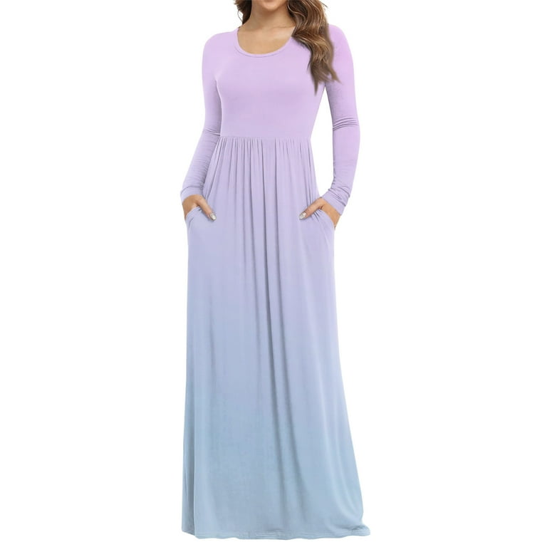 LISTHA Women's Maxi Dress Long Sleeve Crewneck Loose Plain Casual Empire  Waist Fall Party Long Dresses with Pockets Light Purple XL - Walmart.com