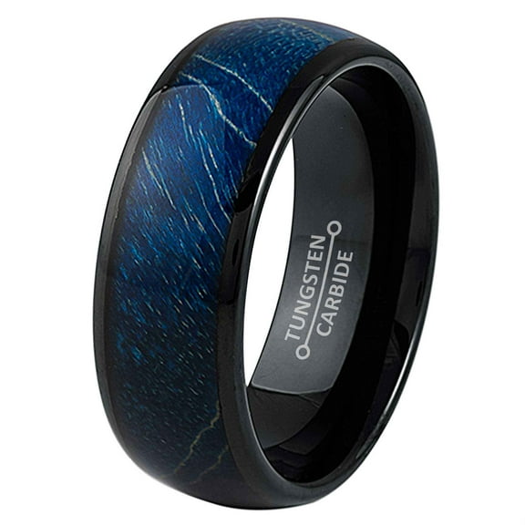 Dome Black IP Azure Stabilized 8mm Wood Resin Inlay Wedding Band Comfort Fit - Mens Tungsten Carbide Ring - #1016s10
