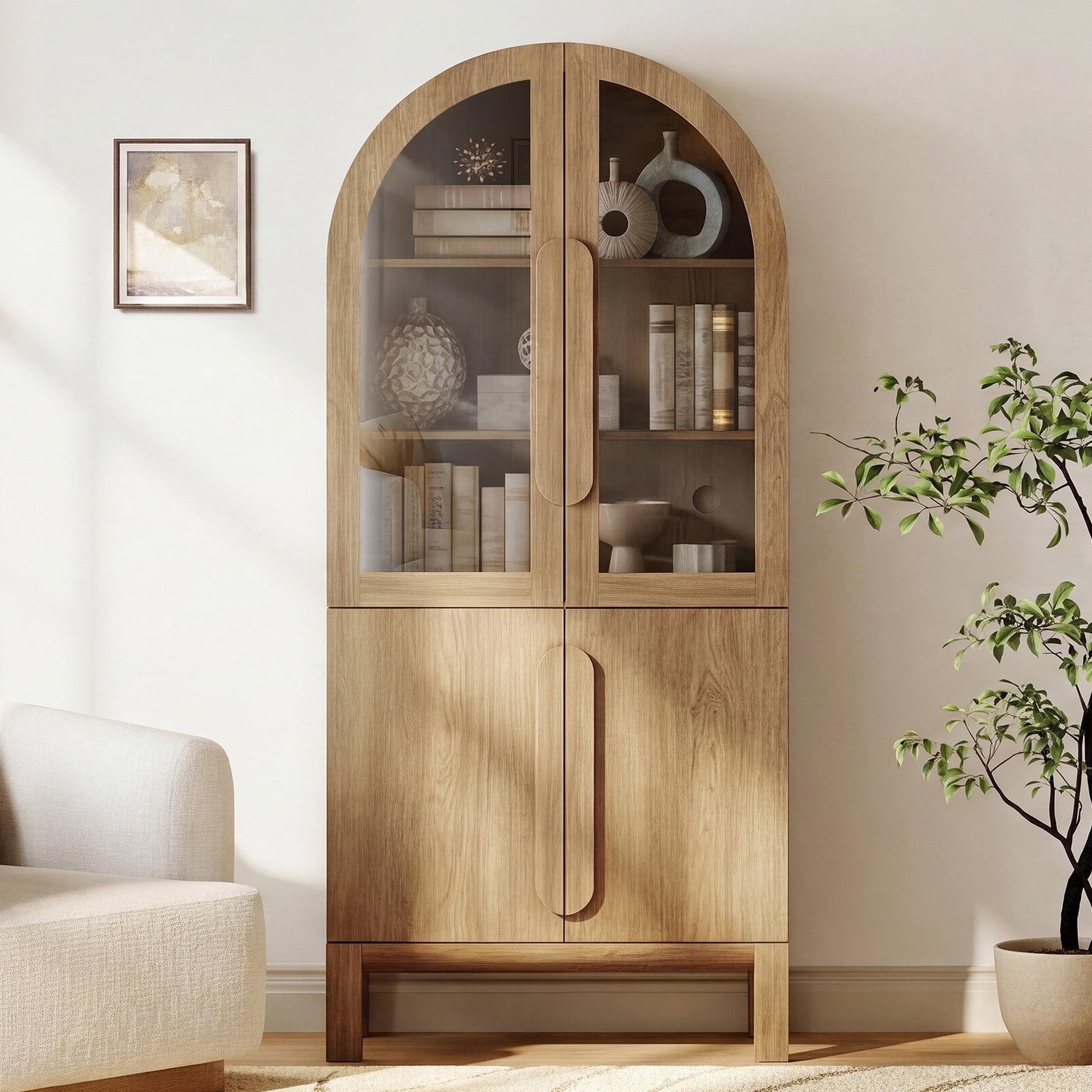 71"H Arched Bookshelf, Modern 3 Tier Bookcase with Cabinet, Wooden Display Cabinet with Glass Doors and Adjustable Shelves, Versatile Bookshelf for Living Room, Study, Office