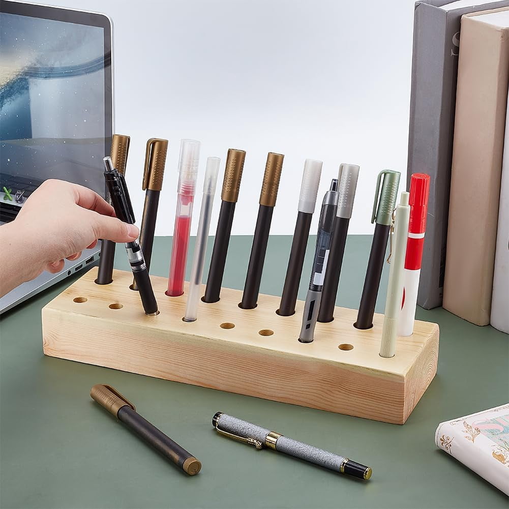 Wooden Marker Stand Pen Organizer Holder Wood Desktop Pen Holder Rustic Marker Storage Display with 2 Sizes Slots Holds 18 Markers