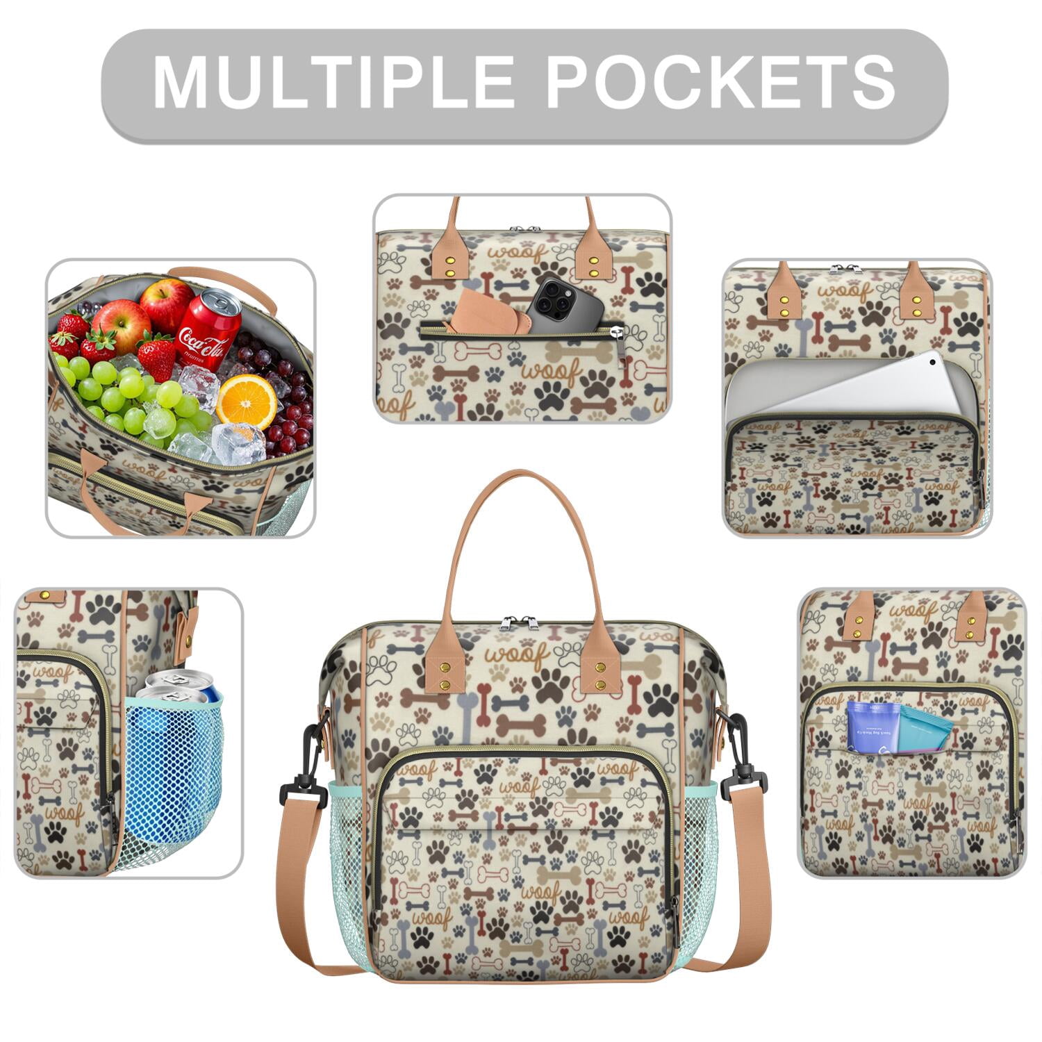Cute Dog Paw Print Lunch Box, Large Insulated Lunch Tote with Puppy and Bone Patterns, Leakproof Cooler for Work, School or Outdoor Use