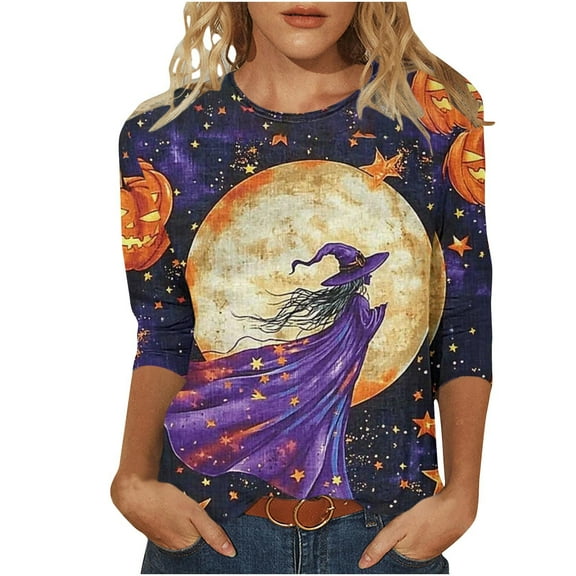 Fjofpr Womens Tops Plus Size 5X Ladies' Halloween Fashion Printed Round Neck Three Quarter Sleeve 3/4 Sleeve T-shirt Loose Top
