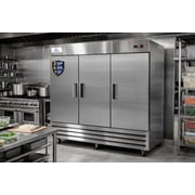 Commercial 81 in Reach-In Refrigerator, 72 Cu Ft, 3 Solid Door Stainless Steel Upright Refrigerator with Self-Closing Doors, Lock & Casters, NSF Commercial Kitchen Refrigerator, Cooler Depot