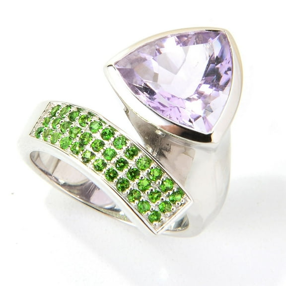 925 Sterling Silver Chrome Diopside, Pink Amethyst Ring