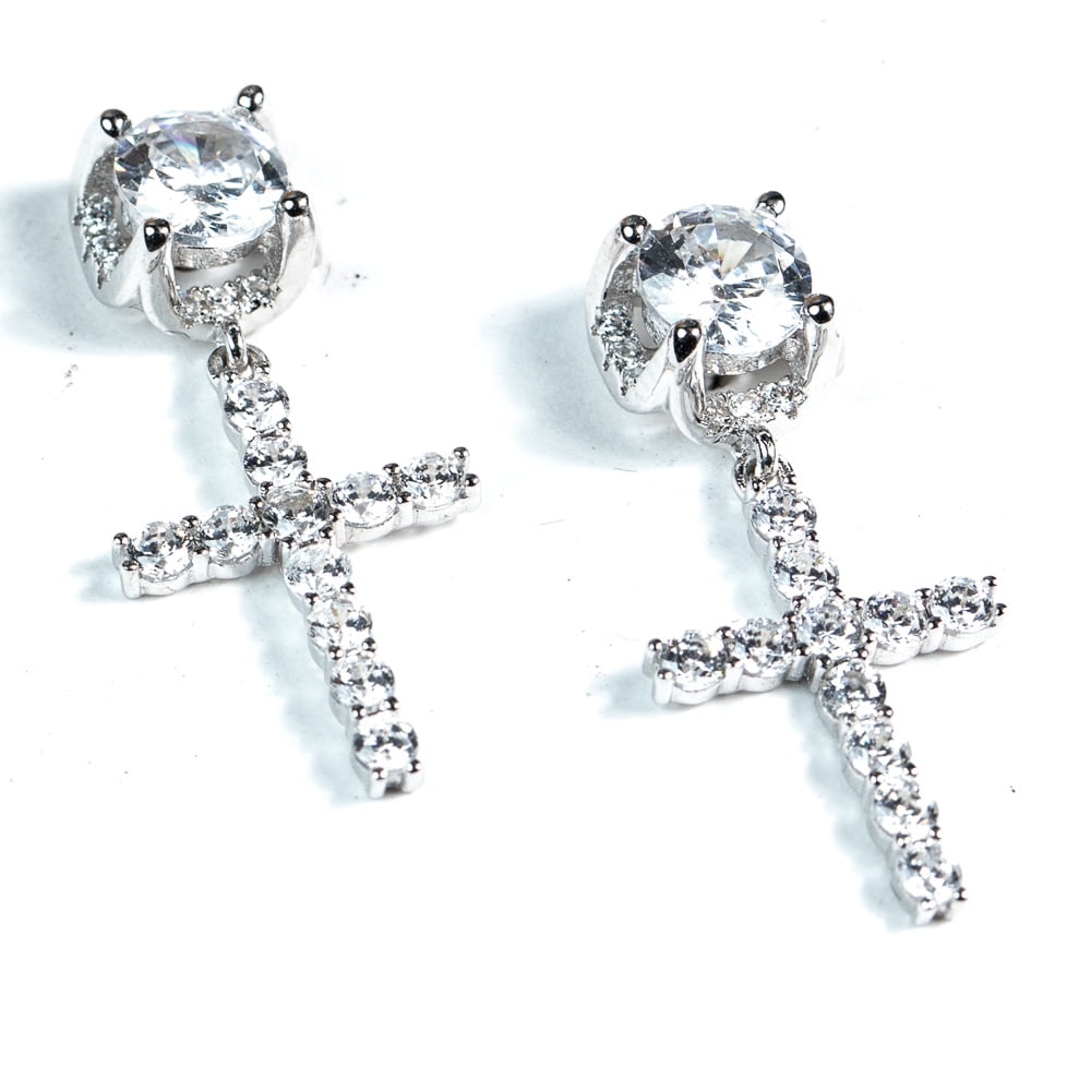 White Gold Plated 925 Sterling Silver Screw Back Post Hanging Drop Round Stud Cross Earrings for Men Women Dangle Earrings  Hip Hop Jewelry CZ Cross Dangle Earrings