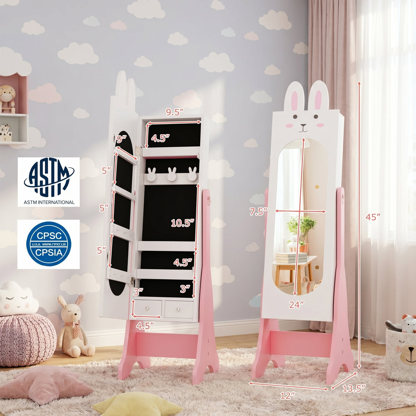 Furnibear Kids Vanity Table and Chair Set with Princess Dressing Table Jewelry Armoire and Mirror for Bedroom Pretend Play Makeup, White