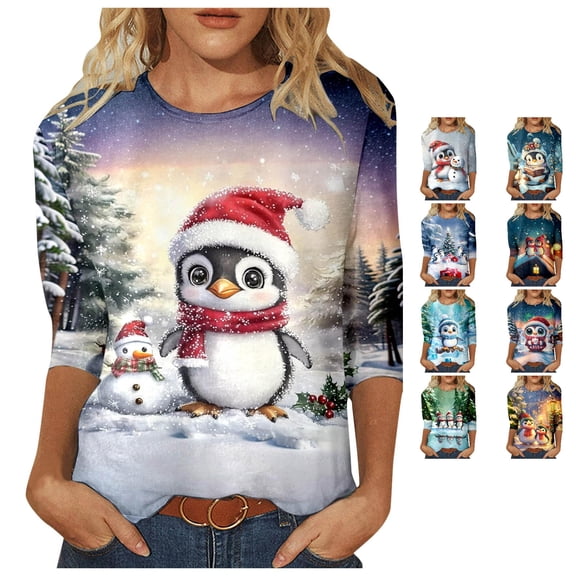 Luvior Womens Christmas Shirts Long Sleeve Funny Penguin Crewneck Sweatshirts Holiday Casual Graphic Pullover Sweaters
