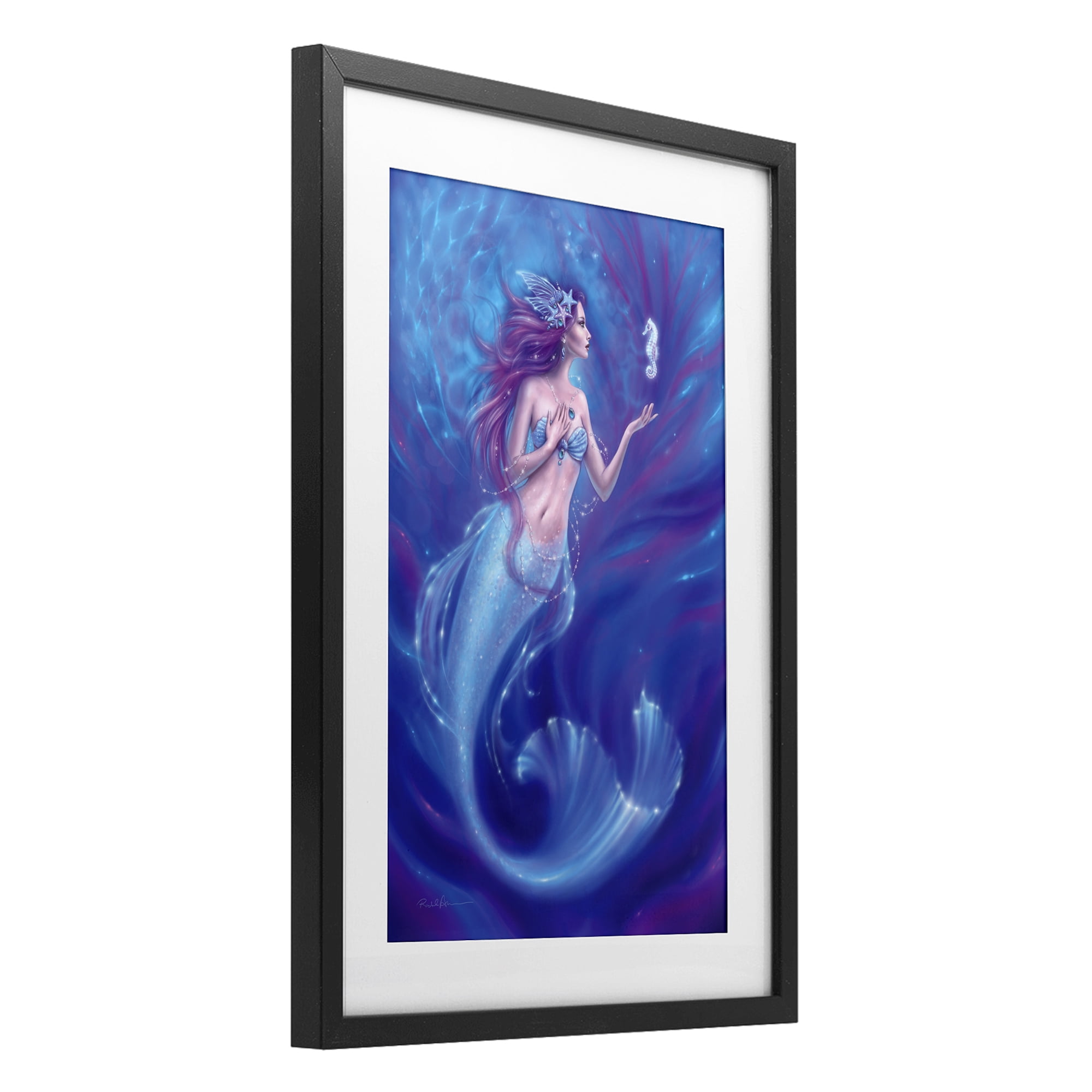 Jewel Bedecked Mermaid & Seahorse Black Framed Print Under Glass, design by Rachel Anderson