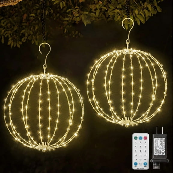 2 Pack 12INCH Outdoor/Indoor LED Christmas Light Ball,Sphere Lights, Connectable Waterproof 16 Modes with Timer, Hanging Tree Globe Lights for Holiday Christmas Decorations (Warm White)