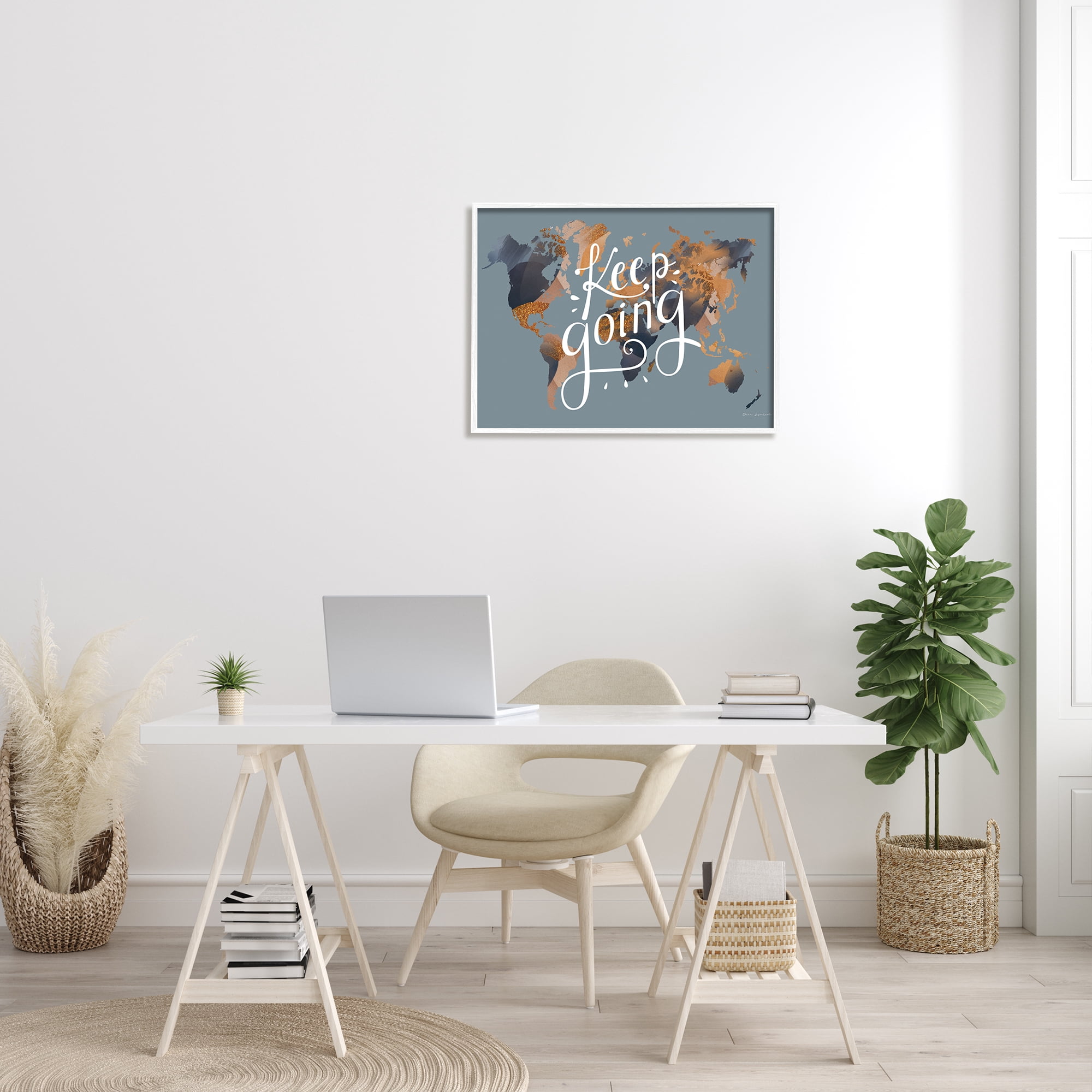 Stupell Industries Keep Going Sentiment over Abstract Pattern World Map Inspirational Painting White Framed Art Print Wall Art, 24 x 30