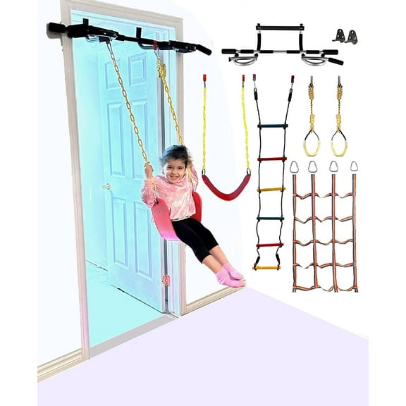 Kids Doorway Gym Swing Set   Pull Up Bar 6 in 1 Indoor Gym Playground Combo for Children, Includes Swing Seat, Climbing Cargo Net, 2X Gymnastic Trapeze Rings, Rope Ladder, Full Accessory