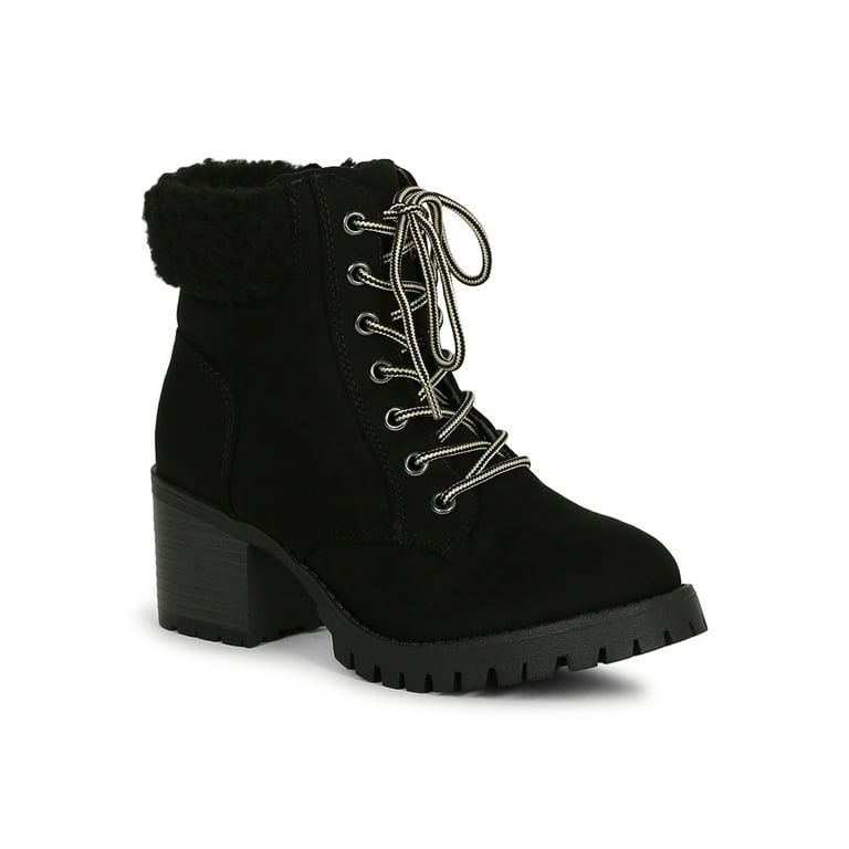 Women Two Tone Lace Up Sherpa Chunky Lug Sole Work Boot 19536