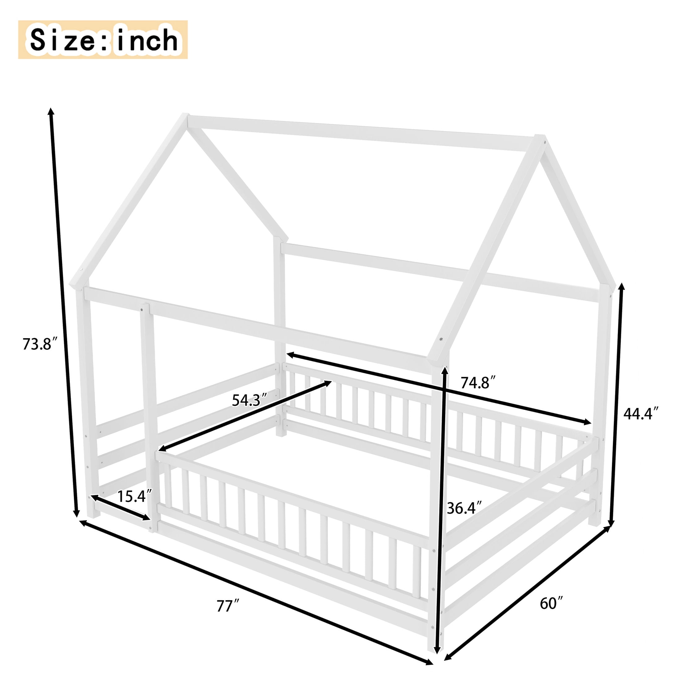 Noble House Full Size Montessori Floor Bed with House Roof Frame and Safety Guardrails, White