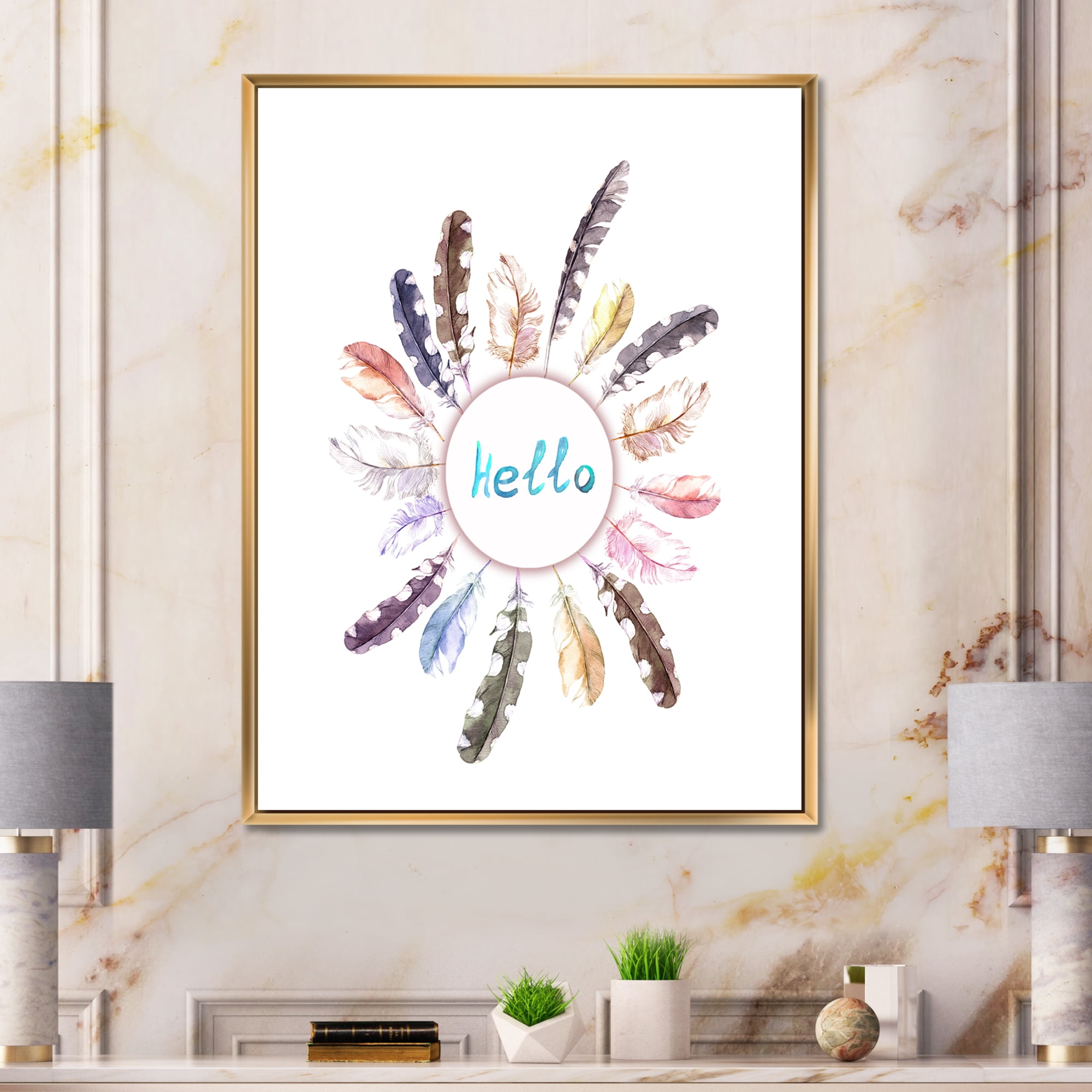 Designart 'Ancient Round Wreath With Birds Feathers' Bohemian & Eclectic Framed Canvas Wall Art Print