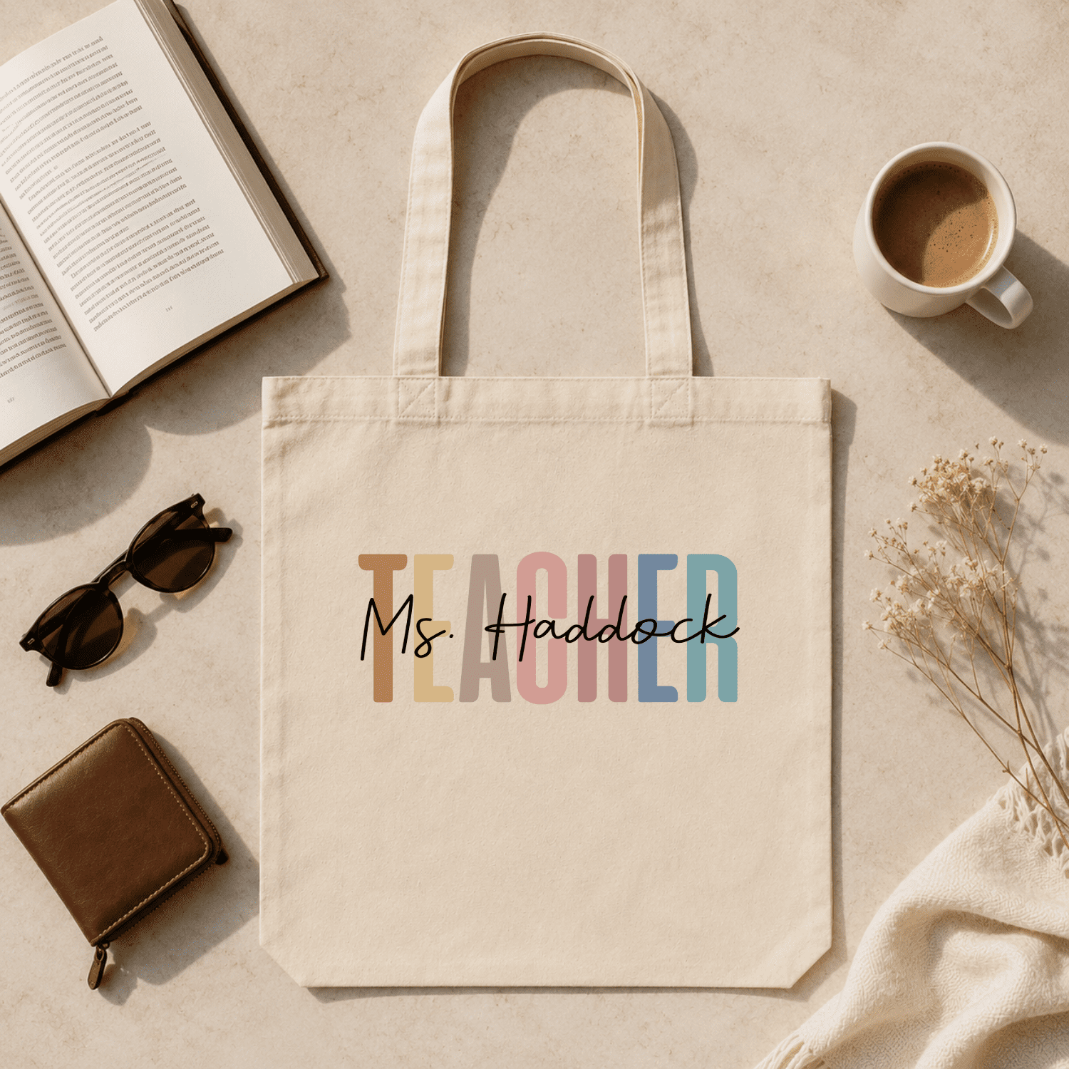 Personalized Teacher Canvas Tote Bag with Custom Name, Boho Retro Multi-Color Teacher Appreciation Gift Shoulder Shopping Bag