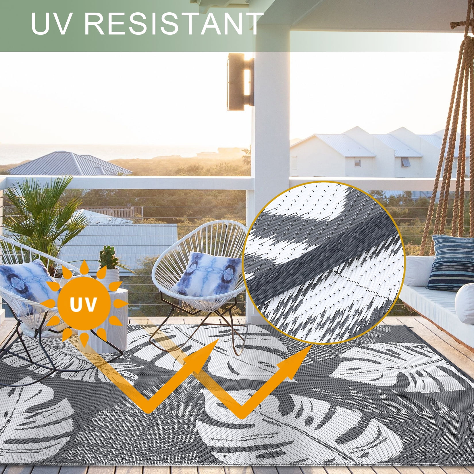 GlowSol 10'x14' Outdoor Rug Plastic Straw Weatherproof Reversible Rug Modern Leaves Patio Camping Rugs for Deck Porch Picnic Balcony, Grey White