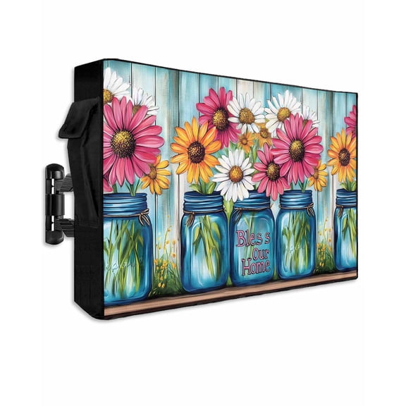 Outdoor TV Cover 30 to 32 Inch Weatherproof, Home Floral Vase Waterproof TV Screen Protector for Outside Decor with Zipper and Pocket 30"L x 19"H  , Vintage Blue Wood Textured