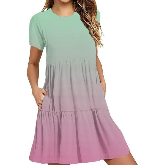 Hyknon Robes pour Femmes Mode Été Décontractée Robe T-Shirt à Manches Courtes Robes Mini à Étages avec Poches Robes Décontractées Douces et Amples
