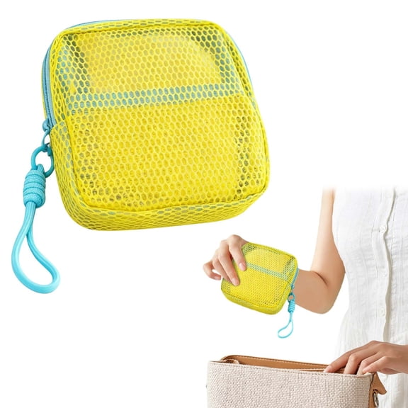 Small Makeup Bag, Mesh Cosmetic Pouch See Through with Detachable Hand Strap, Dopamine Color Partitioned Storage Organizer for Travel, Coin Purse & Cable Organizer, Yellow