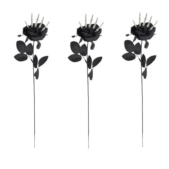 HHBEAUTY 3 Pcs Halloween Black Faux Rose Artificial Flowers with Skull Skeleton Hand Black Flower Bouquets Black Eucalyptus Leaves Branches Set Fake Rose for Halloween Party