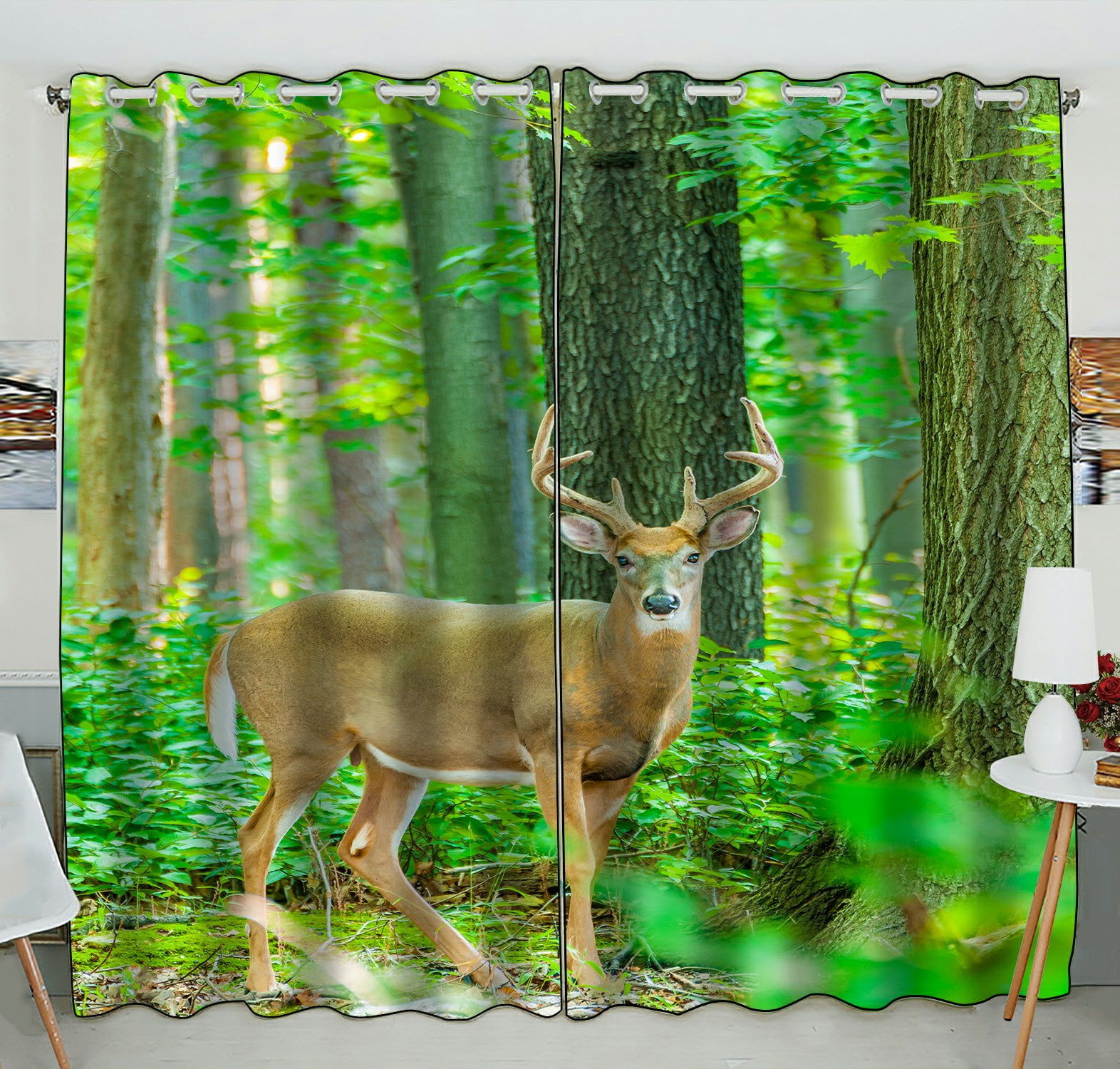 Phfzk Woodland Window Curtain, Whitetail Deer In The Jungle Window