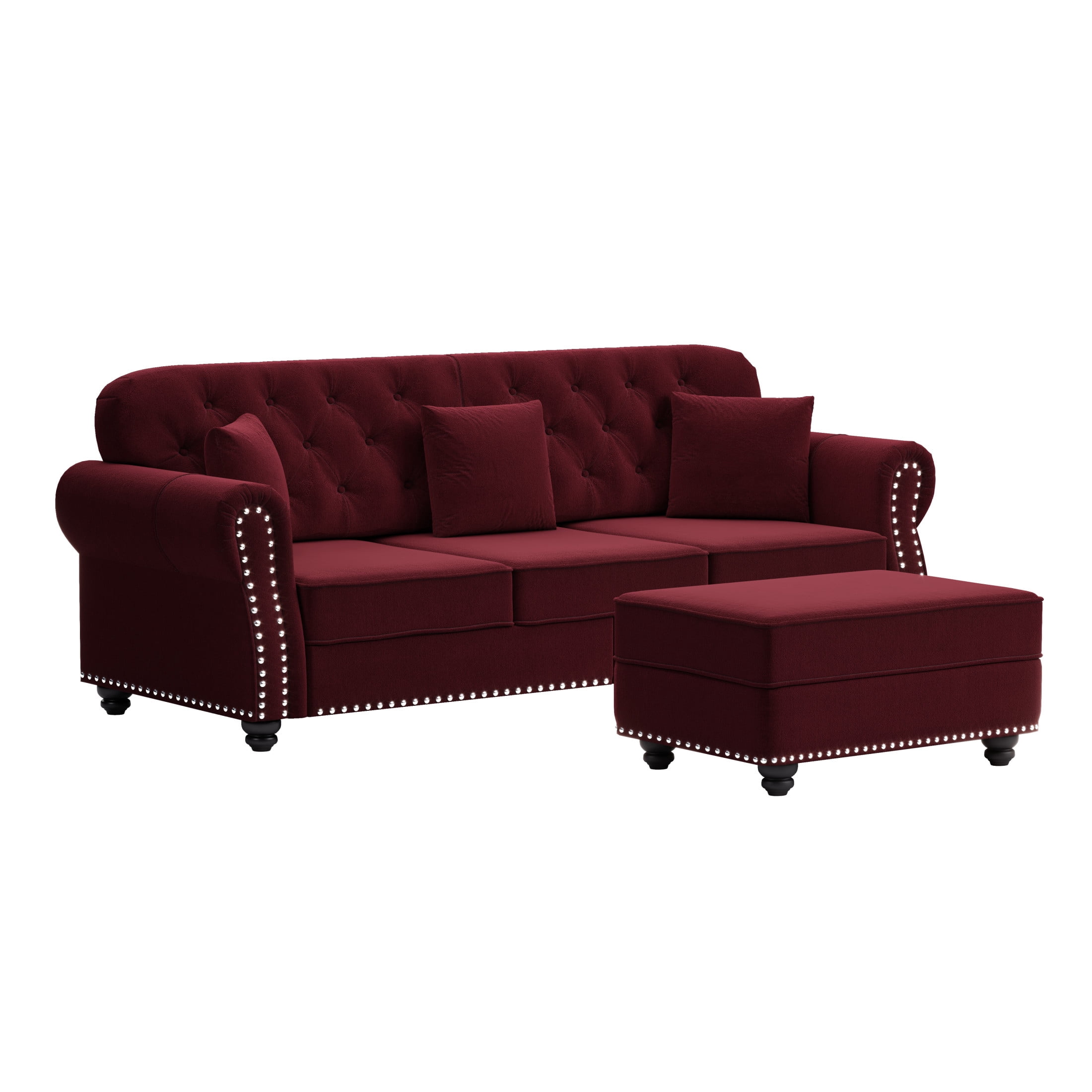 Noble House Kieran 3-Seater Velvet Chesterfield Sofa, Modern Tufted Armchair with Nailhead Trim and Ottoman, Burgundy