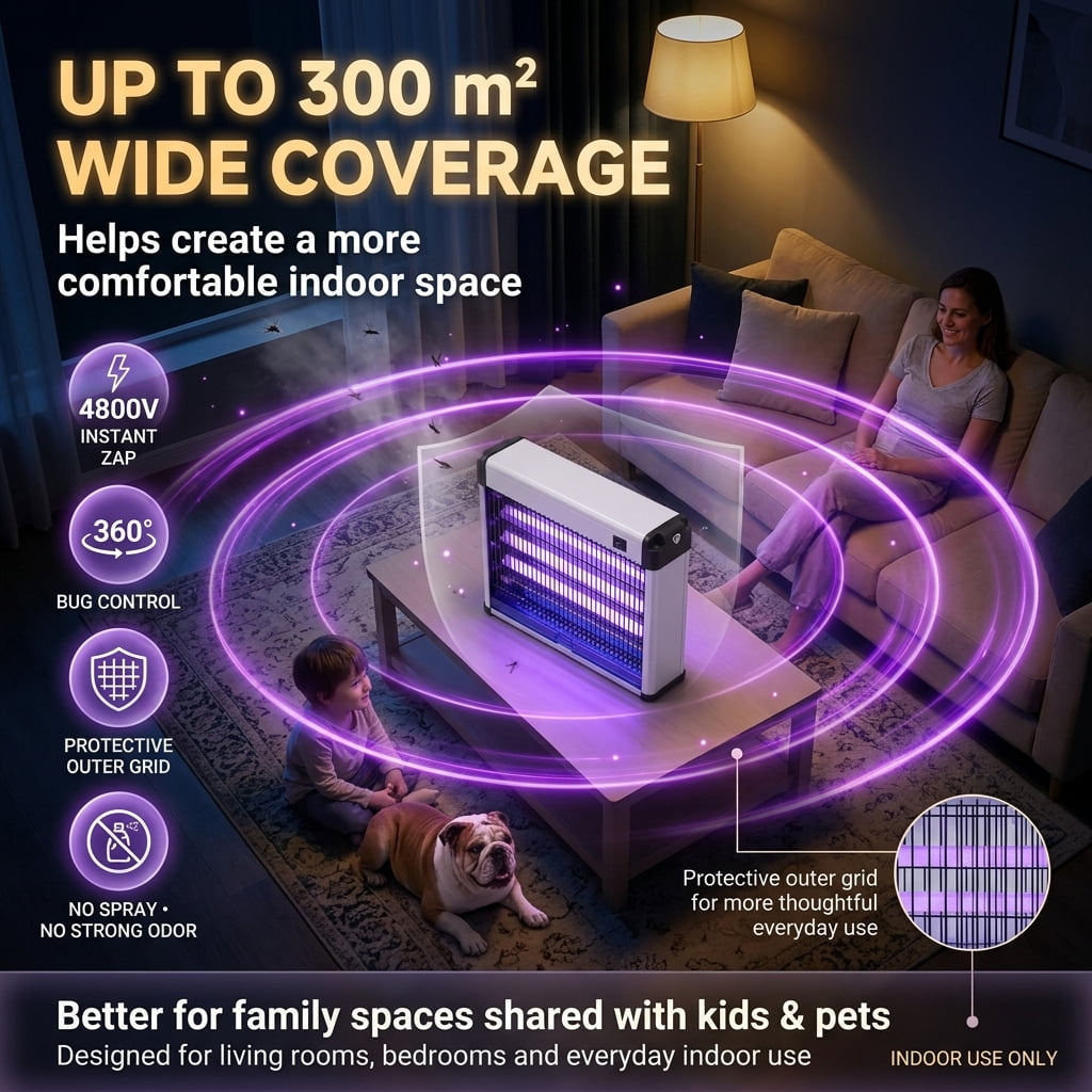 Electric Mosquito Killer 365Nm 4800V, Indoor Bug Zapper And Fly Trap With 300M² Wide Coverage And 360° Bug Control, No Spray No Strong Odor, Protective Outer Grid And Easy-Clean Tray, Targets Mosquit