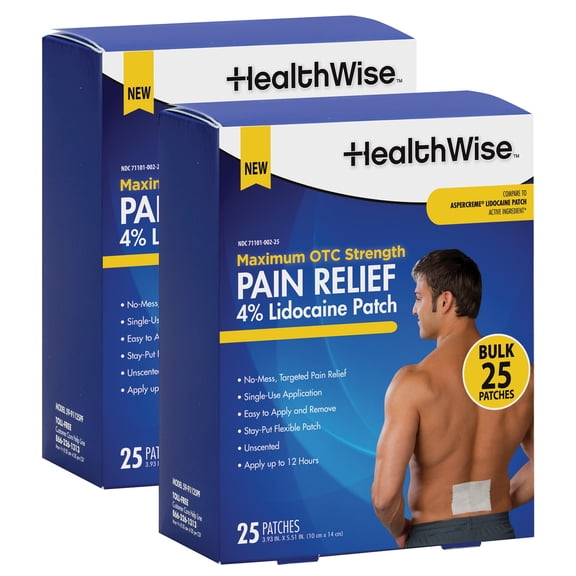 HealthWise 4% Lidocaine Pain Relief Patches, Maximum OTC Strength, 50 Count, 3.93" x 5.51", Odor-Free, for Minor Aches & Pains