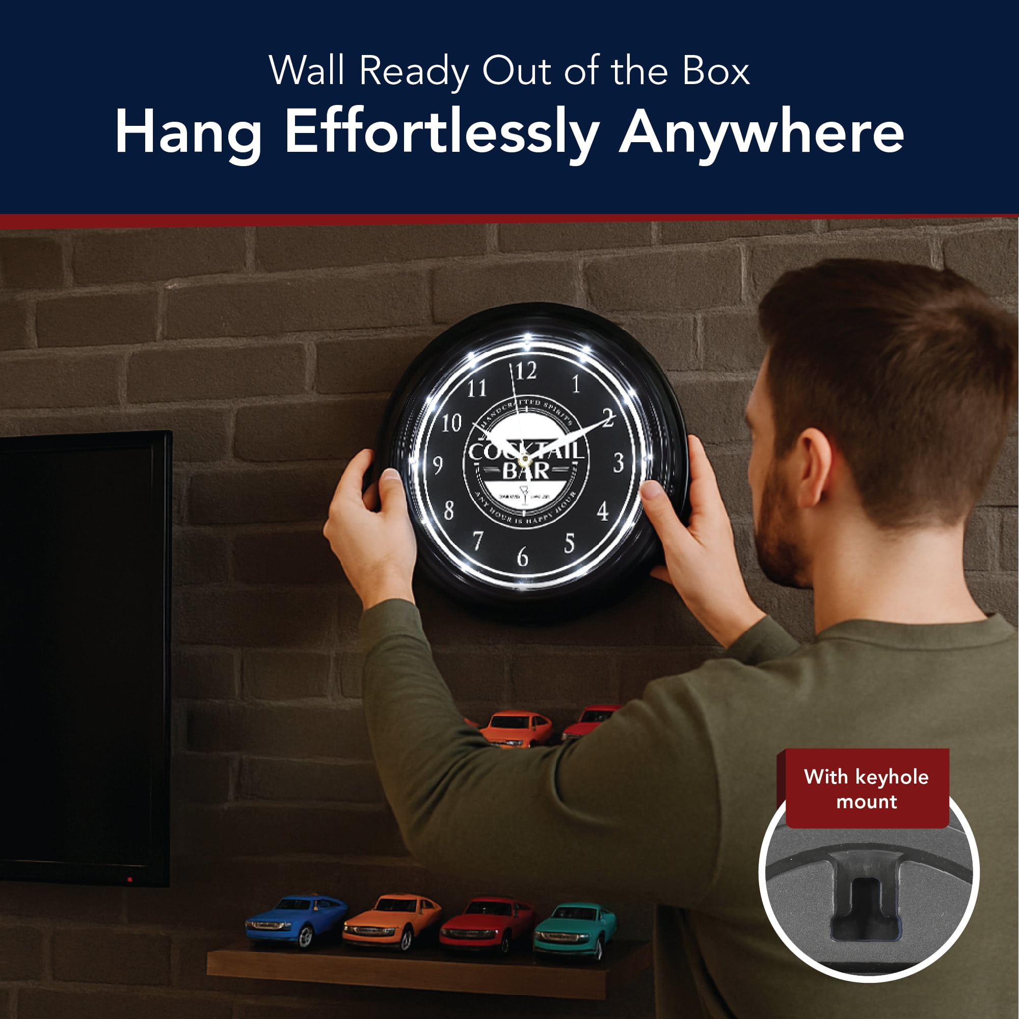 American Art Decor Cocktail Bar LED Wall Clock - 12" Modern Wall Clock for Home, Happy Hour Bar Decor, Wall Clock for Living Room, Office, Game Room, Mancave, Garage (Black/White)