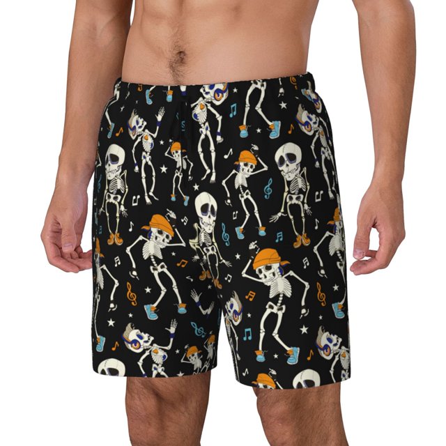 Kdxio Dancing Skeleton Party Print Mens Swim Shorts with Mesh Lining, Breathable and Quick-Drying, Adjustable Waist, Privacy Pocket-Small
