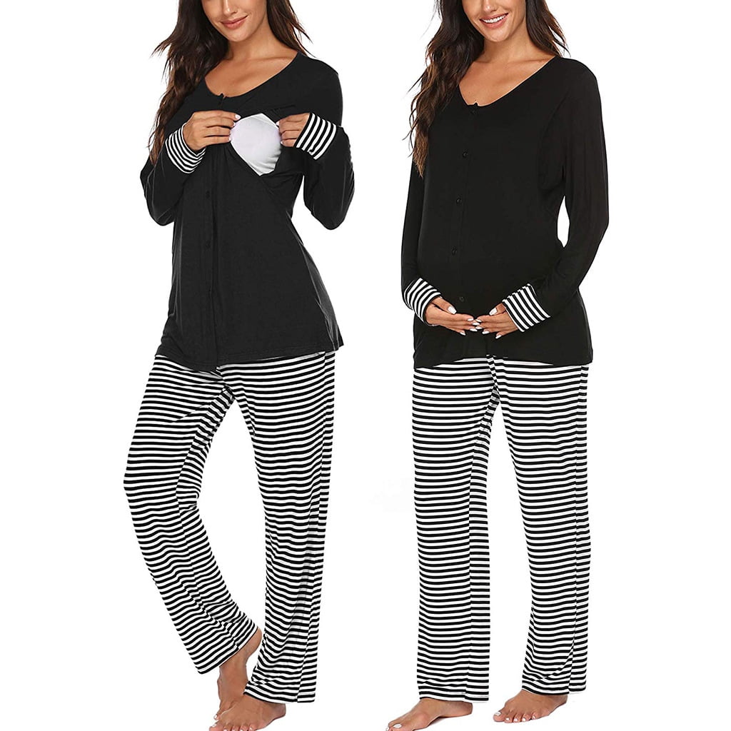 Pregnant Woman Pajamas Ultra Soft Maternity & Nursing Pajama Set Pregnancy Sleepwear Stripe Pregnant Maternity Hooded Tops Blouse Outwear Clothes Breastfeeding Long Sleeve Clothes