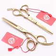 thumbnail image 1 of Juego de tijeras profesionales para cortar el cabello de 15 cm (6 pulgadas) de acero japonés, tijeras de barbero con acabado dorado para salón de belleza., 1 of 5