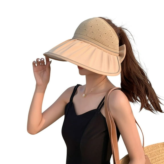 Extra Wide Brim Sun Visor Hat for Women Adjustable UV Protection Bow Detail Breathable Summer Beach Hat - Khaki