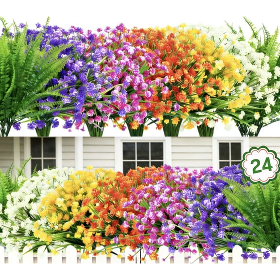 simeccom 24 Pacs Artificial Flowers for Outdoors UV Resistant Fake Plastic Plants Faux Boston Fern Greenery Stems for Spring Summer Indoor Garden Home Decor,Multicolor