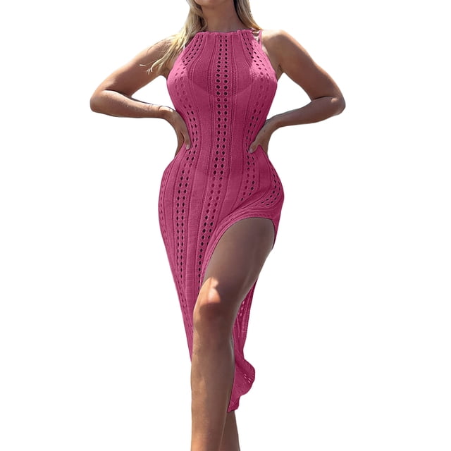 xiaxaixu Robe de Plage pour Femmes, Sans Manches à Col Rond, Dos Nu, à Nouer, Transparente, Ajourée, Fendue, Coupe Ajustée, Robe d'Été