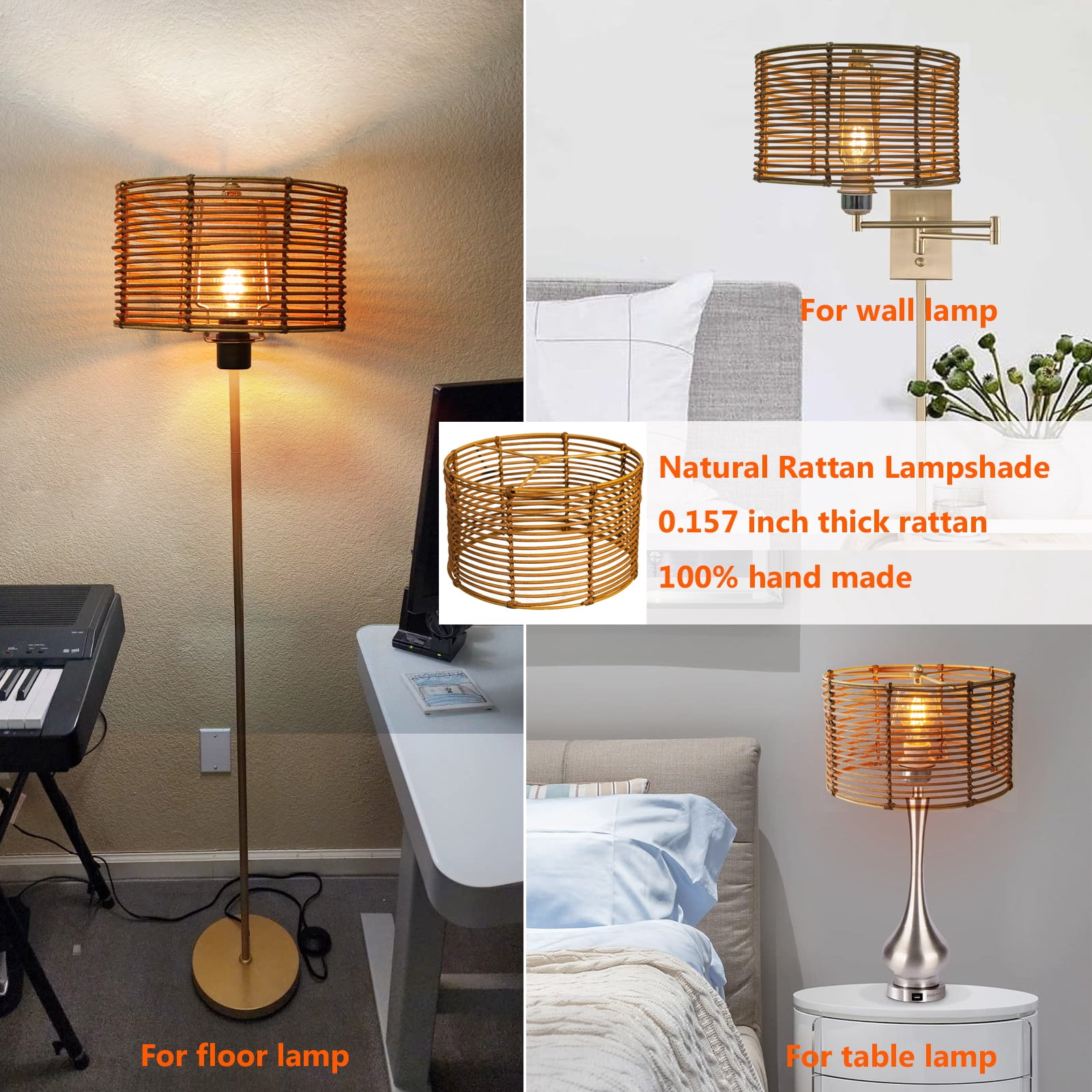 Drum Boho Lamp Shades Set of 2,rattan Lampshades Home Decor