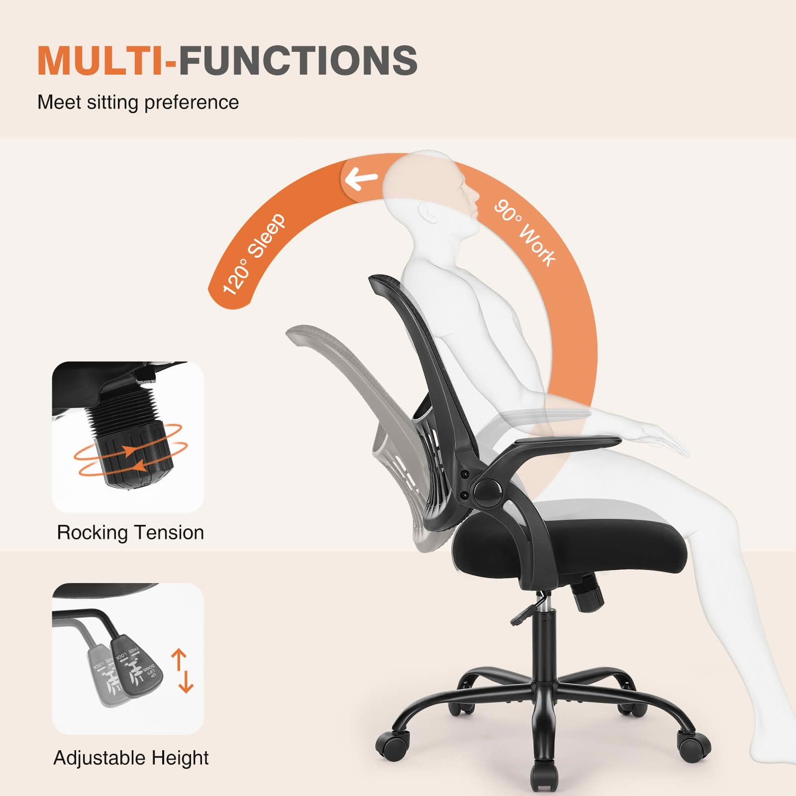 MAYEERTY Ergonomic Mid-Back Office Chair, Flip Handrail Lumbar Support Rocking Mode Height Adjustable