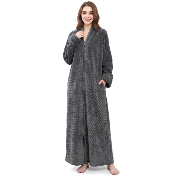 AMITOFO Womens Zip Up Fleece Robe Warm Loose Flannel Plush Zipper Lounger Bathrobe for Ladies, Gray