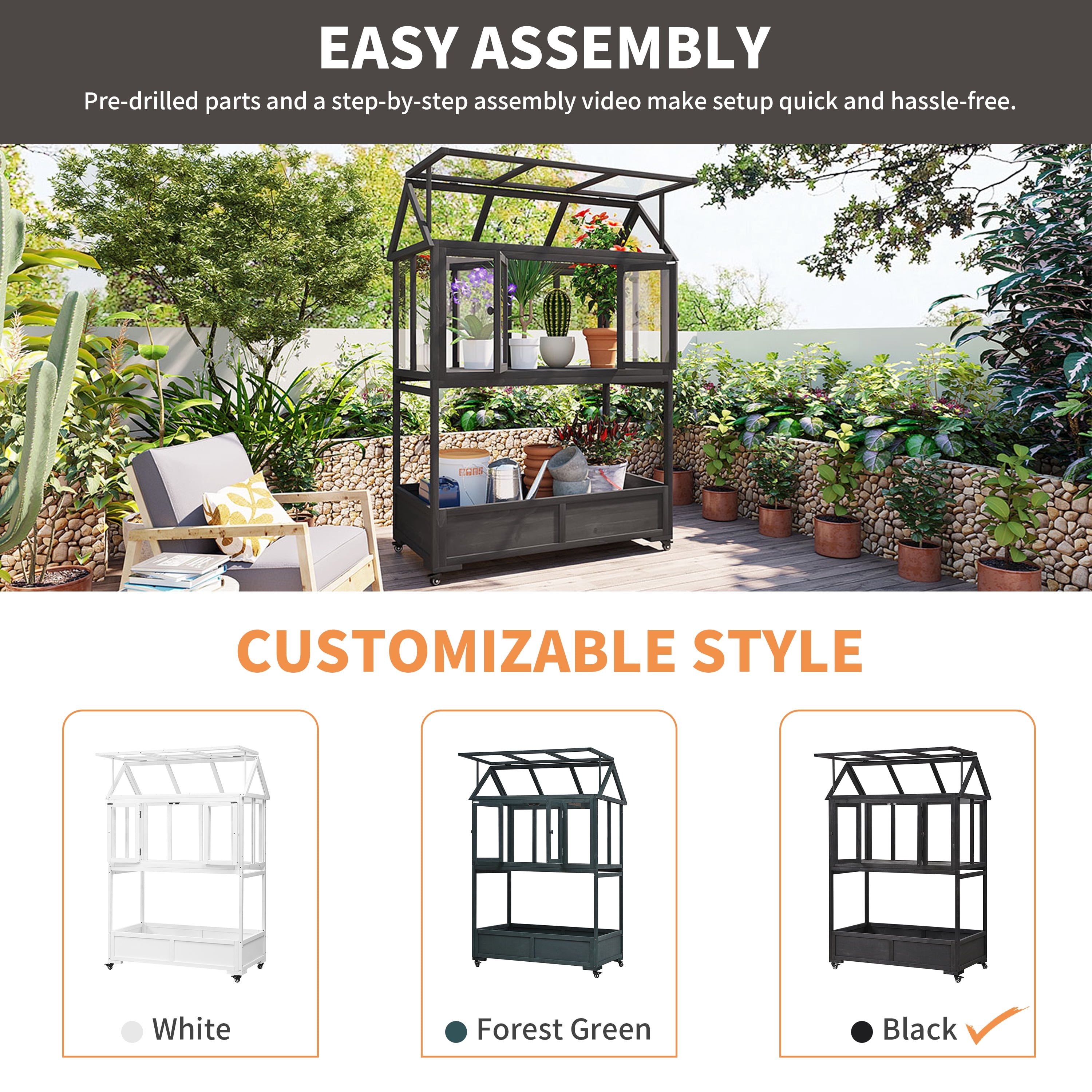 Yoneston Garden Wood Portable Cold Frame with Movable Wheels Mini Greenhouse with Openable Roof and Storage Box, Black
