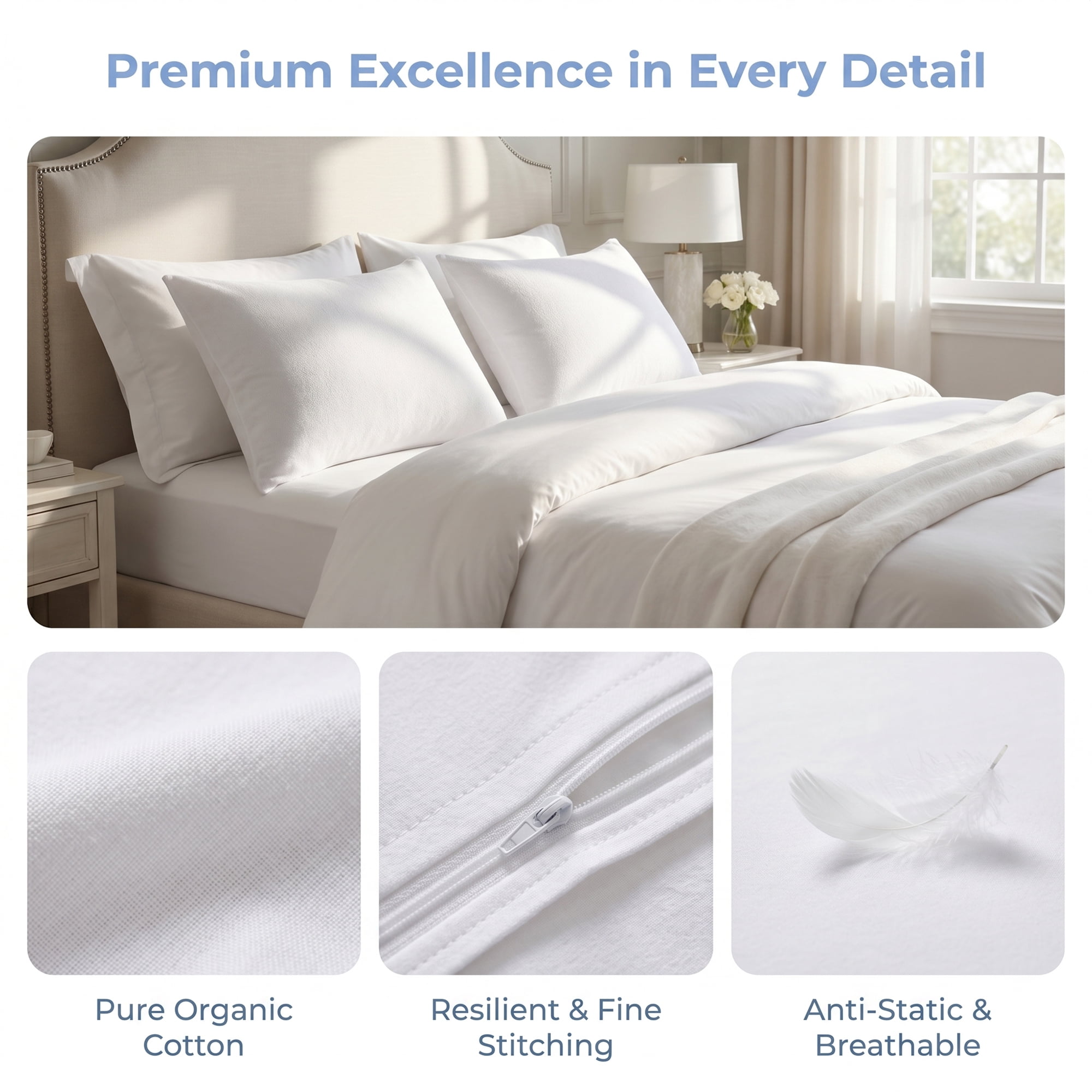 Unique Bargains 2Pcs Zipper Standard Size Cotton Pillow Covers Standard White 20" x 26"